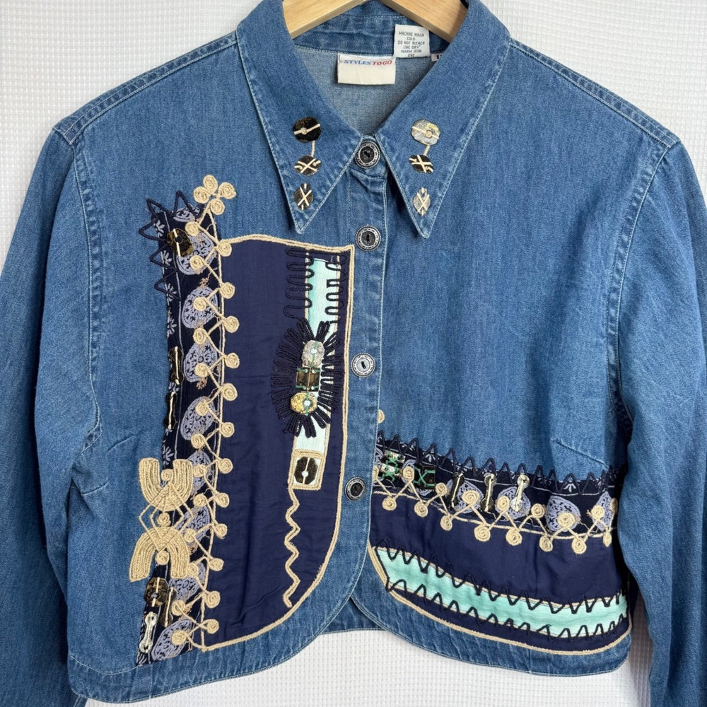 Vintage 90s Cropped Denim Jacket Patchwork South Western Boho Artsy Blue Sz 12